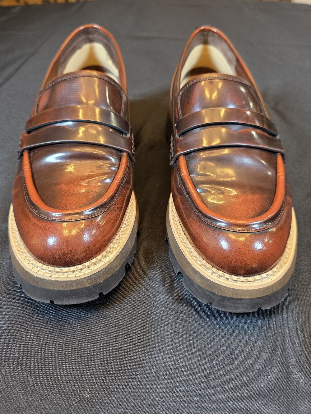 Gianni Bini Brown Leather Penny Loafers with Lug Sole
